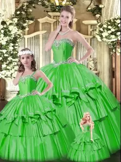 Free and Easy Green Organza Lace Up Sweetheart Sleeveless Floor Length Quinceanera Dresses Beading and Ruffled Layers