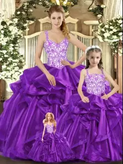 Classical Organza Straps Sleeveless Lace Up Beading and Ruffles 15 Quinceanera Dress in Purple
