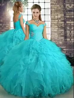 Simple Sleeveless Tulle Floor Length Lace Up Sweet 16 Dresses in Aqua Blue with Beading and Ruffles