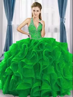 Affordable Green Sleeveless Floor Length Beading and Ruffles Lace Up Quinceanera Gowns V-neck
