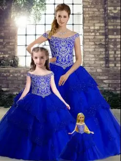 Fancy Royal Blue Sleeveless Tulle Brush Train Lace Up Vestidos de Quinceanera for Military Ball and Sweet 16 and Quinceanera