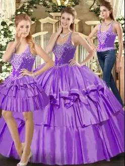 Noble Three Pieces Quinceanera Dresses Eggplant Purple Straps Organza Sleeveless Floor Length Lace Up