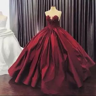 Wine Red Sleeveless Lace Floor Length Quinceanera Dress