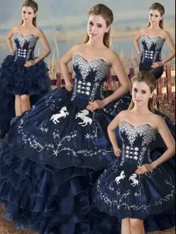 Satin and Organza Sweetheart Sleeveless Lace Up Embroidery and Ruffles Sweet 16 Quinceanera Dress in Navy Blue
