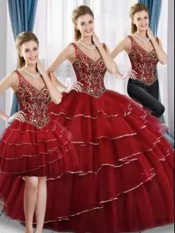 Low Price Red Ball Gowns Beading and Ruffled Layers Quinceanera Dress Lace Up Tulle Sleeveless Floor Length