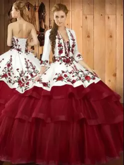 Lovely Wine Red Ball Gowns Sweetheart Sleeveless Organza Sweep Train Lace Up Embroidery 15 Quinceanera Dress