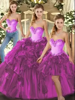 Fuchsia Three Pieces Sweetheart Sleeveless Organza Floor Length Lace Up Beading and Ruffles Quinceanera Gown