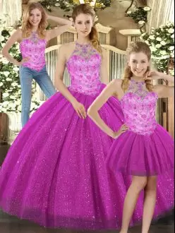 Halter Top Sleeveless Lace Up 15 Quinceanera Dress Fuchsia Tulle Beading