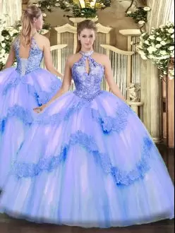 Trendy Blue Sleeveless Appliques and Sequins Floor Length Quinceanera Gown