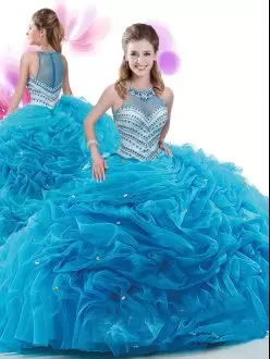 Amazing Baby Blue Organza Zipper High-neck Sleeveless Ball Gown Prom Dress Court Train Ruffles