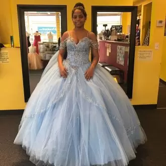 Adorable Light Blue Lace Up Off The Shoulder Beading Vestidos de Quinceanera Tulle Sleeveless