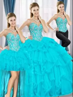 Aqua Blue Lace Up Sweetheart Beading and Ruffles Quince Ball Gowns Tulle Sleeveless