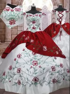 Superior Ball Gowns Quinceanera Dress White And Red Off The Shoulder Taffeta Sleeveless Floor Length Lace Up