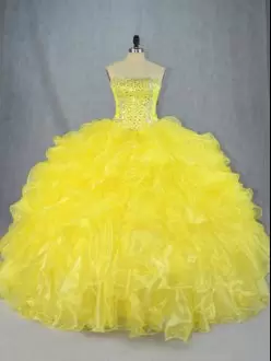 Ideal Sleeveless Asymmetrical Beading and Ruffles Lace Up Quince Ball Gowns with Yellow