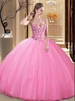 Rose Pink Ball Gowns Embroidery Quinceanera Gowns Lace Up Tulle Sleeveless Floor Length