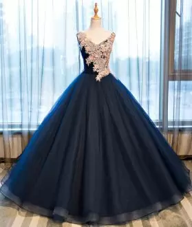 Navy Blue A-line Tulle V-neck Sleeveless Beading and Appliques Floor Length Lace Up Ball Gown Prom Dress