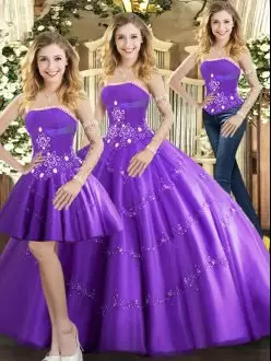 Strapless Sleeveless Sweet 16 Dresses Floor Length Beading Purple Tulle