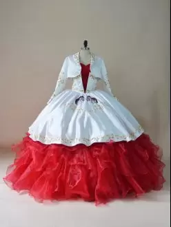 Affordable White And Red Organza Lace Up Quince Ball Gowns Sleeveless Floor Length Embroidery and Ruffles