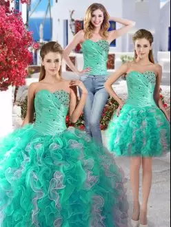 Charming Sweetheart Sleeveless Lace Up Quinceanera Dresses White and Turquoise Organza Beading