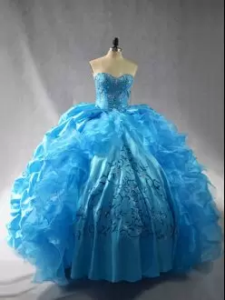 Shining Sweetheart Sleeveless Ball Gown Prom Dress Floor Length Embroidery and Ruffles Baby Blue Organza