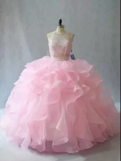 Baby Pink Two Pieces Halter Top Sleeveless Illusion Brush Train Backless Beading and Ruffles Sweet 16 Dress