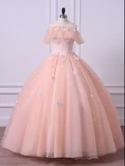 Ball Gowns Vestidos de Quinceanera Peach Off The Shoulder Tulle Short Sleeves Floor Length Lace Up