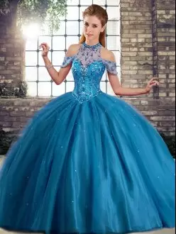 Fine Ball Gowns Sleeveless Blue Sweet 16 Dress Brush Train Lace Up