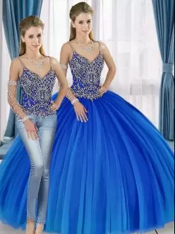 Amazing Sleeveless Floor Length Beading Lace Up Quinceanera Dresses with Blue