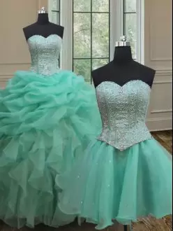 Latest Turquoise Sleeveless Floor Length Beading and Ruffles and Pick Ups Lace Up Quinceanera Gowns Sweetheart