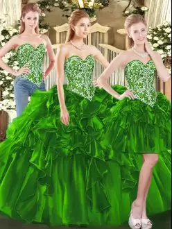 Adorable Floor Length Lace Up Quince Ball Gowns Dark Green for Military Ball and Sweet 16 and Quinceanera with Beading and Ruffles