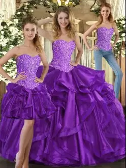 Modest Floor Length Eggplant Purple Quince Ball Gowns Tulle Sleeveless Beading and Ruffles