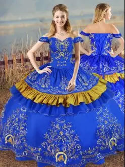 New Arrival Blue Off The Shoulder Neckline Embroidery Sweet 16 Quinceanera Dress Sleeveless Lace Up