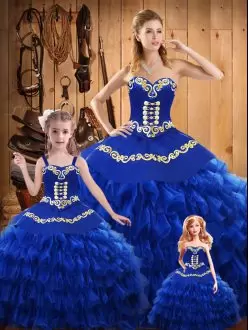 Unique Blue Sweetheart Neckline Embroidery and Ruffled Layers Quinceanera Dress Sleeveless Lace Up