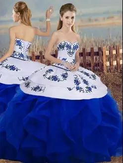 Royal Blue Lace Up Sweetheart Embroidery and Ruffles and Bowknot Sweet 16 Quinceanera Dress Tulle Sleeveless