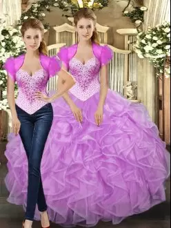 Custom Designed Floor Length Lilac Sweet 16 Dress Straps Sleeveless Lace Up