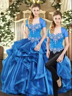 Fine Blue Two Pieces Organza Sweetheart Sleeveless Beading and Ruffles Floor Length Lace Up Ball Gown Prom Dress