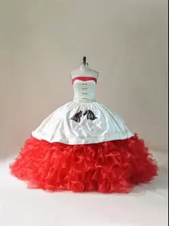 Customized Charro White And Red 15 Quinceanera Dress Strapless Brush Train with Horses