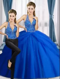 Extravagant Royal Blue Lace Up 15 Quinceanera Dress Beading Sleeveless Floor Length