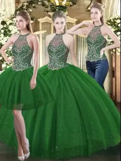High-neck Sleeveless Quinceanera Dresses Floor Length Beading Dark Green Tulle
