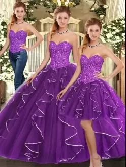Eggplant Purple Sweetheart Lace Up Beading and Ruffles Quinceanera Gown Sleeveless