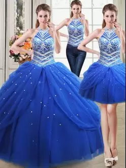 Tulle Halter Top Sleeveless Lace Up Beading and Pick Ups Sweet 16 Quinceanera Dress in Royal Blue