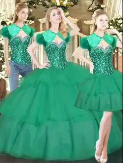 Decent Floor Length Turquoise Quinceanera Gowns Tulle Sleeveless Beading and Ruffled Layers