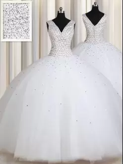 Enchanting Tulle Straps Sleeveless Zipper Beading and Sequins 15 Quinceanera Dress in White