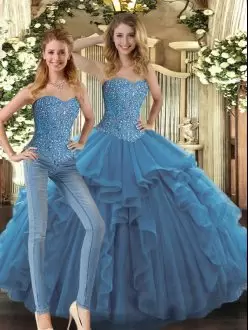 Sleeveless Tulle Floor Length Lace Up 15 Quinceanera Dress in Teal with Beading and Ruffles