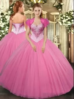 Beading Quinceanera Gown Rose Pink Lace Up Sleeveless Floor Length