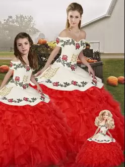 Fancy White And Red Sleeveless Floor Length Embroidery and Ruffles Lace Up Ball Gown Prom Dress Off The Shoulder
