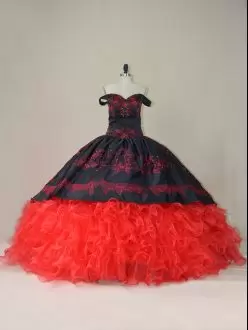 Custom Made Red And Black Ball Gowns Satin and Organza Off The Shoulder Sleeveless Embroidery and Ruffles Sweet 16 Dresses with Brush Train