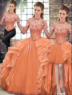 Orange Three Pieces Beading and Ruffles Quinceanera Dresses Lace Up Organza Sleeveless Floor Length