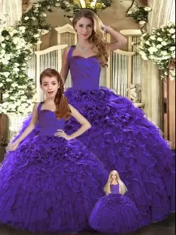 Purple Sleeveless Floor Length Ruffles Lace Up Quince Ball Gowns Halter Top