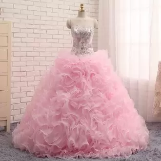 Top Selling Baby Pink Sleeveless Brush Train Beading and Ruffles With Train Vestidos de Quinceanera